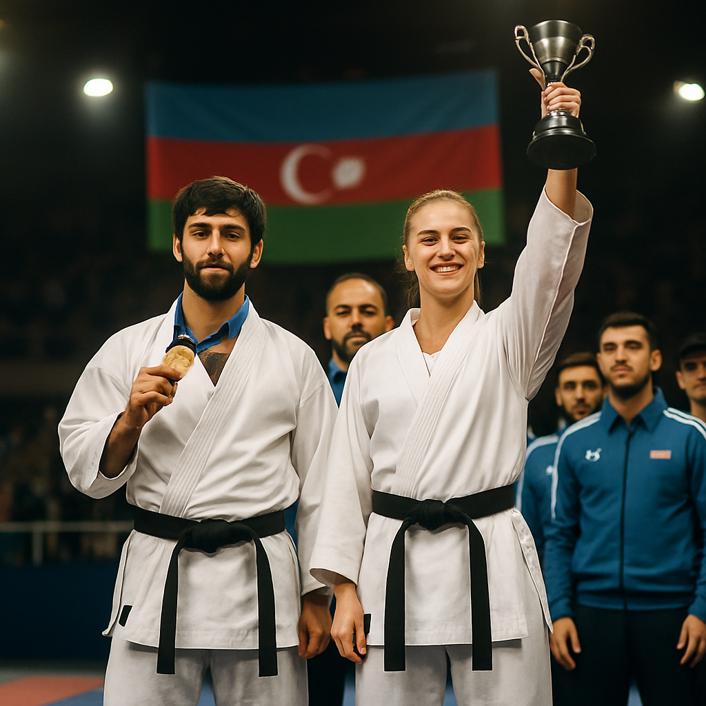 Azerbaijani karate champions celebrate international success on a podium as their team looks on.