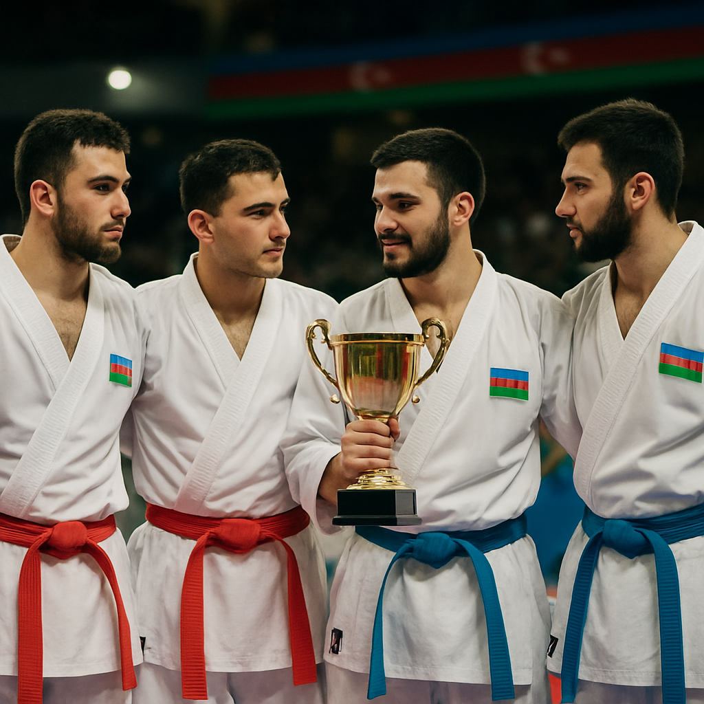 Azerbaijan’s national karate team celebrates a team competition victory on the championship mat.