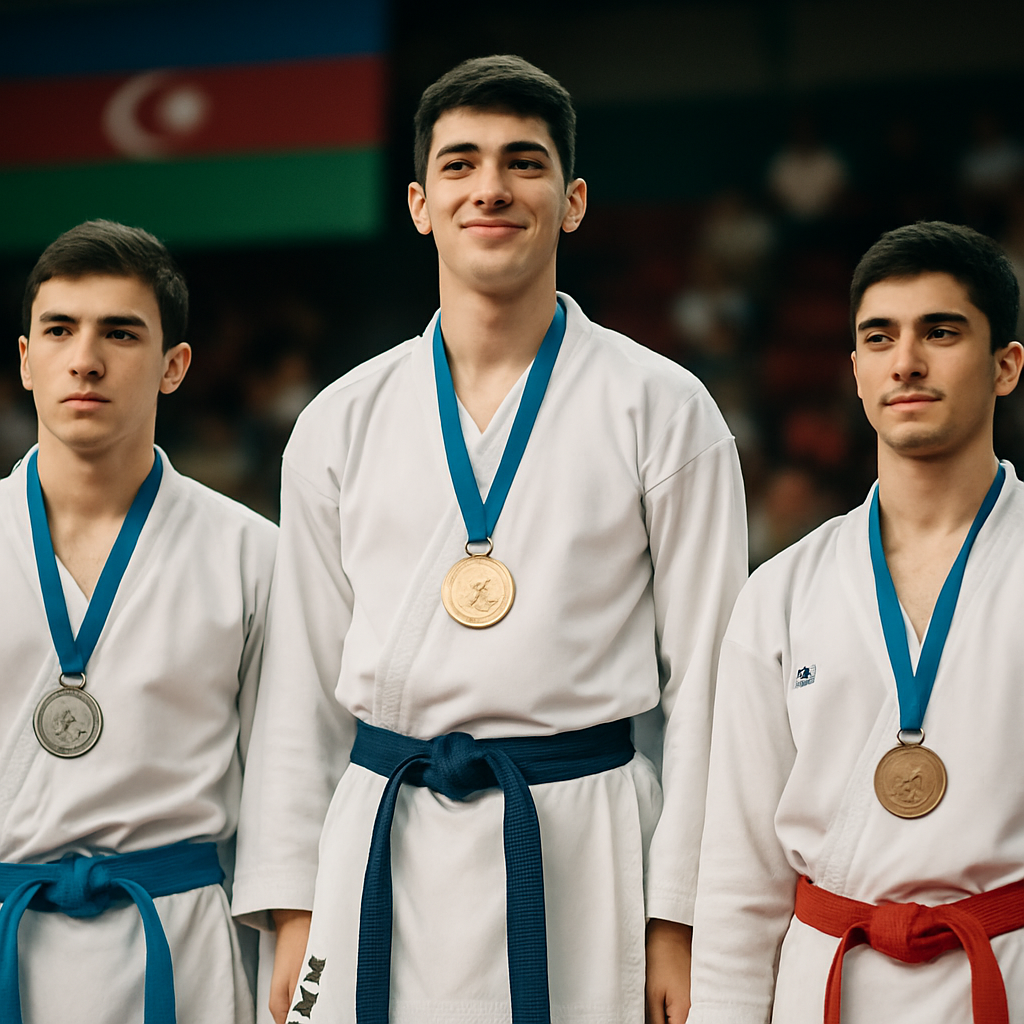 Azerbaijani karate athletes Aslan Dostuyev, Rauf Imanov and Omar Aliyev pose with gold, silver
