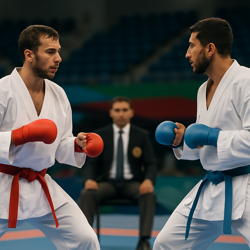 Two Azerbaijani karate athletes in white gi face each other on the tatami during