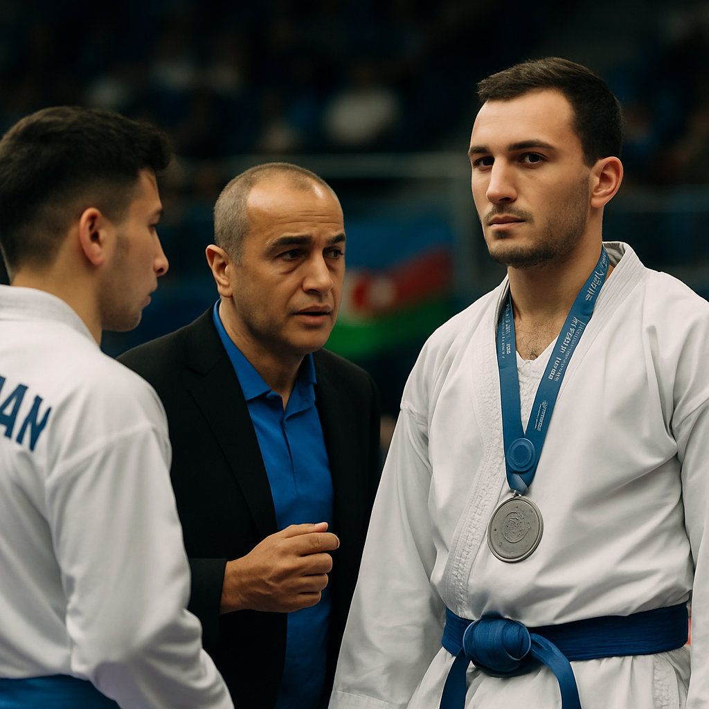 An Azerbaijani karate medalist in a white gi stands with a teammate and coach