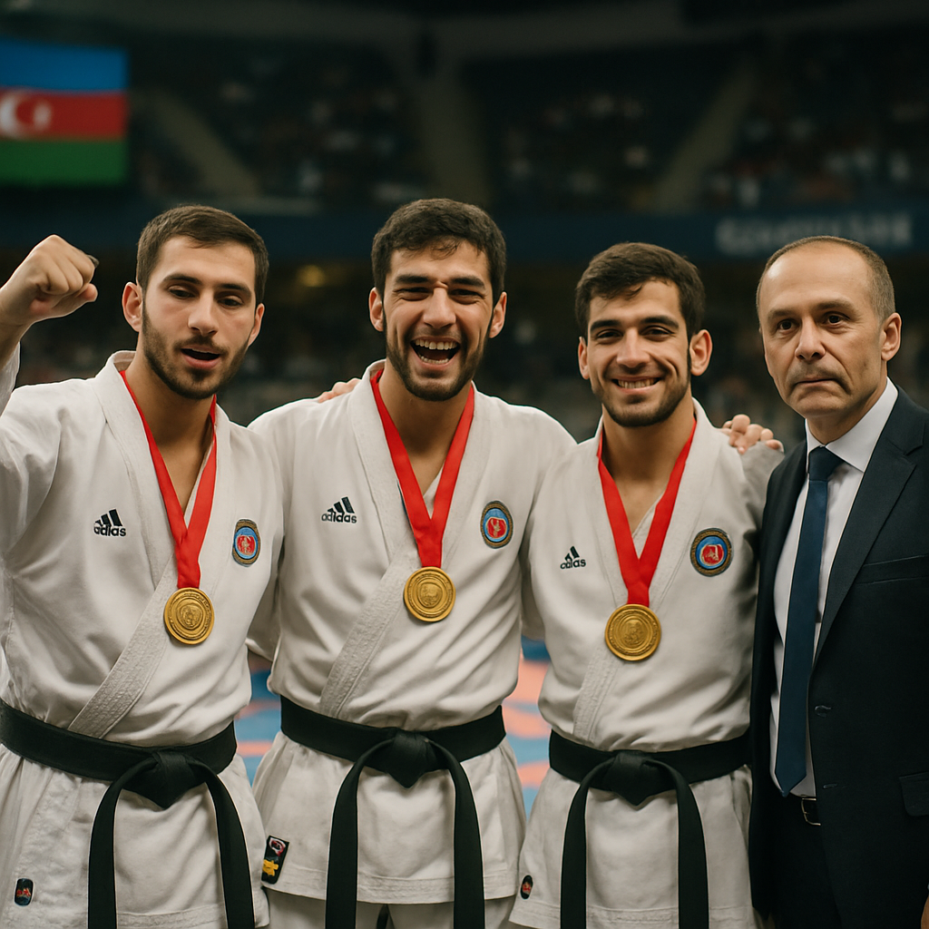 Azerbaijani karate champions celebrate in Tashkent with gold medals as their coach stands beside