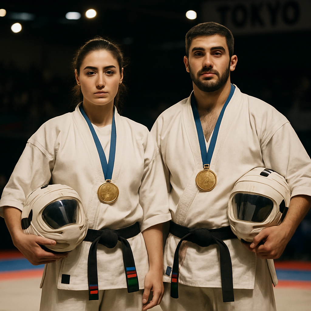Two Azerbaijani kudo champions wearing gold medals stand on the tournament mat in Tokyo.