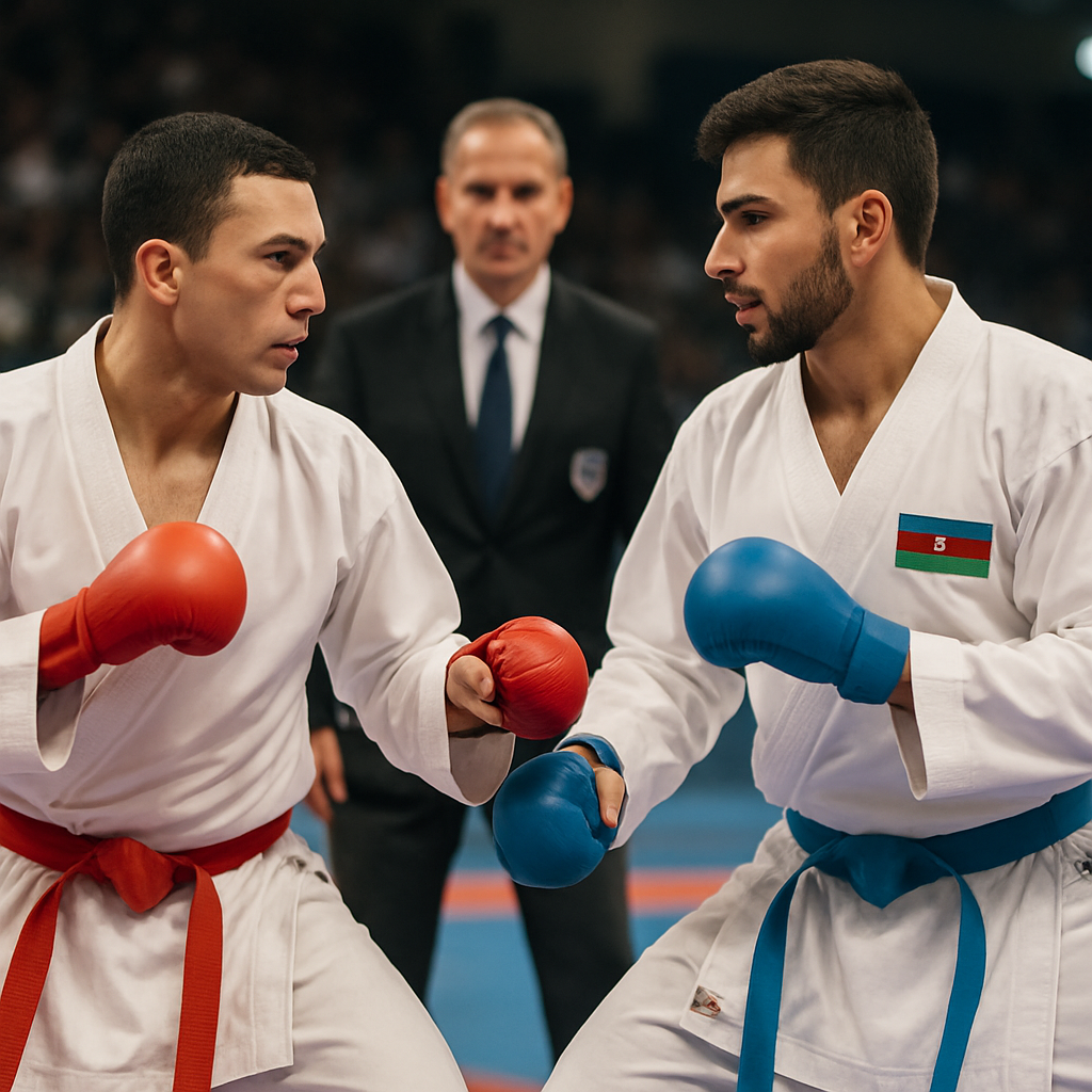 Azerbaijani karate athletes compete in a focused kumite bout at an international ranking tournament.