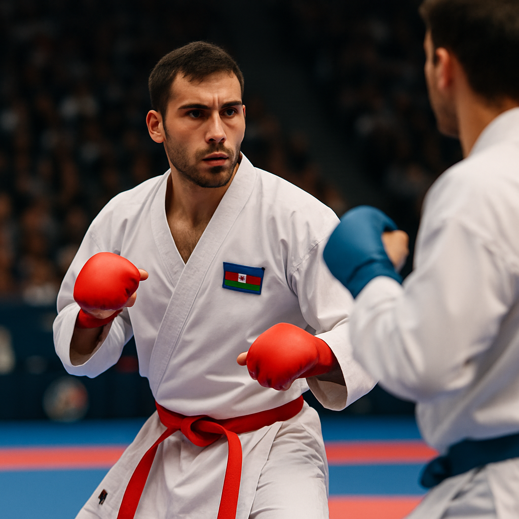 An Azerbaijani karateka competes in a focused kumite bout at a world championship.