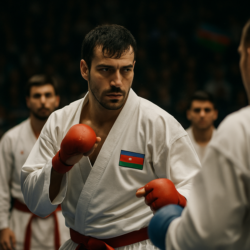 An Azerbaijani karate athlete holds a focused stance during a tense European Championship final