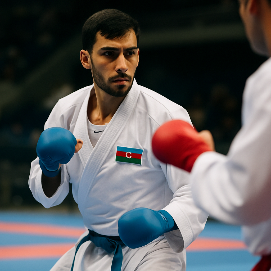 An Azerbaijani karate athlete holds a focused stance against an opponent during a Karate1