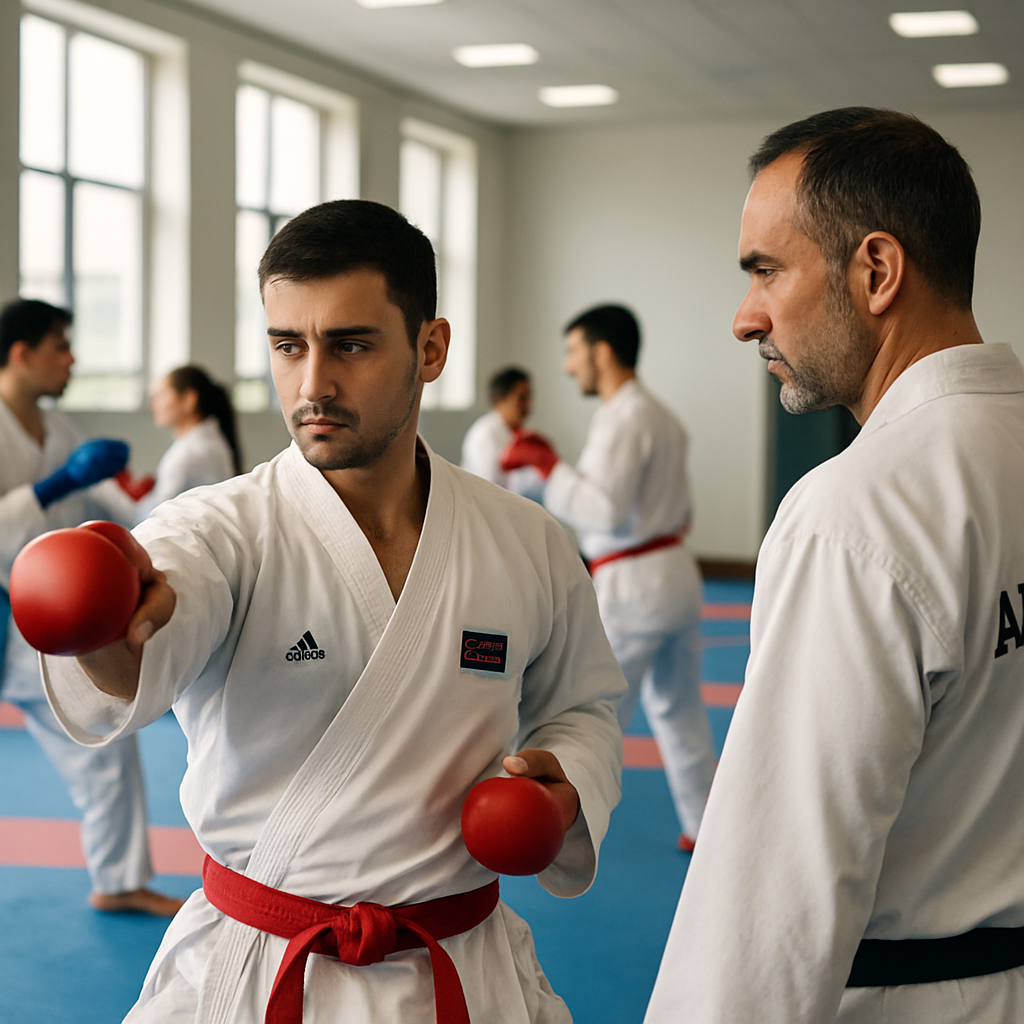 Azerbaijani national karate athletes combine technical drills, coaching and focused preparation in a dojo
