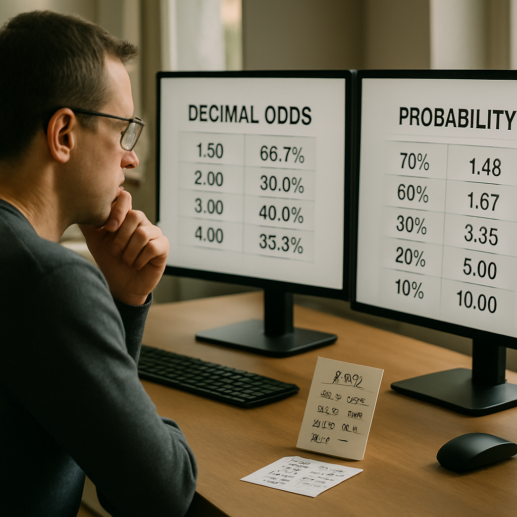 A person compares betting odds and probabilities on two screens while planning a balanced
