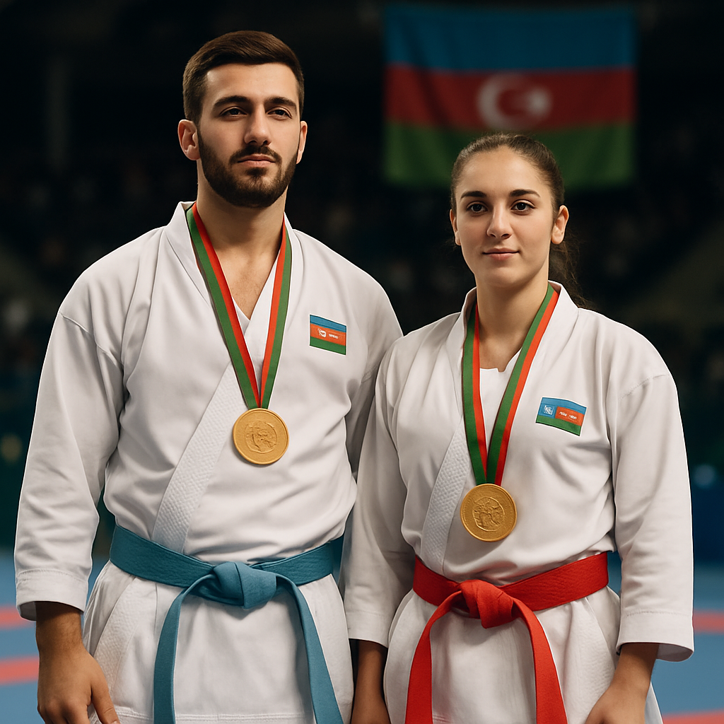 Azerbaijani karate champions Roman Heydarov and Irina Zaretska celebrate their gold medals at the