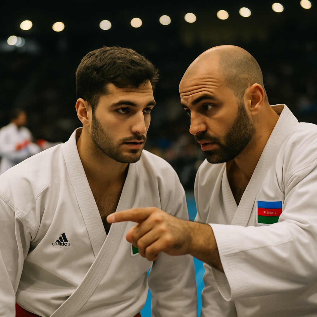 Azerbaijani karate kumite athletes focus on a tactical team discussion beside the competition mat.