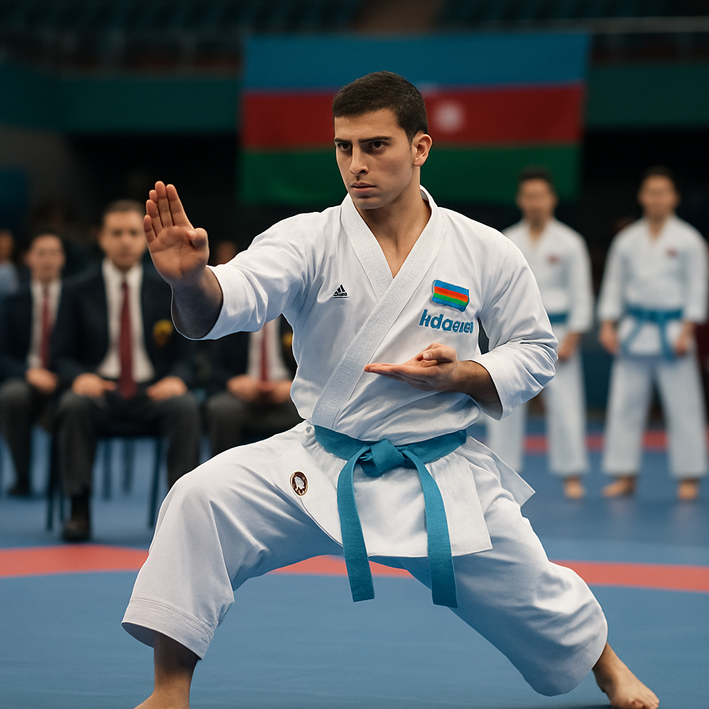 An Azerbaijani karate athlete demonstrates a controlled kata technique as judges assess the performance.
